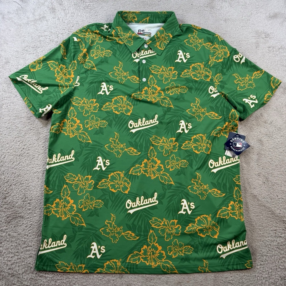Oakland Athletic Reyn Spooner Polo Mens Large Green Floral Performance Stretch